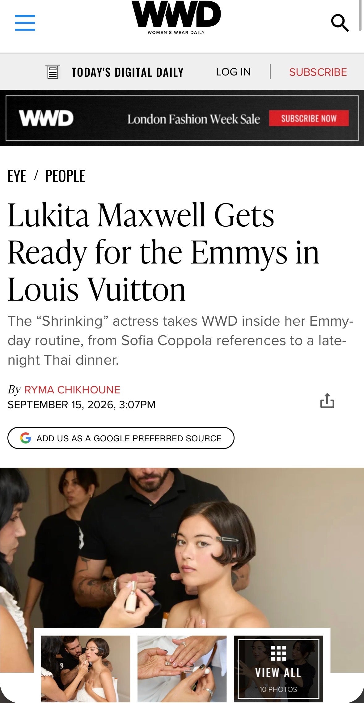 WWD — Lukita Maxwell Gets Ready for the Emmys in Louis Vuitton